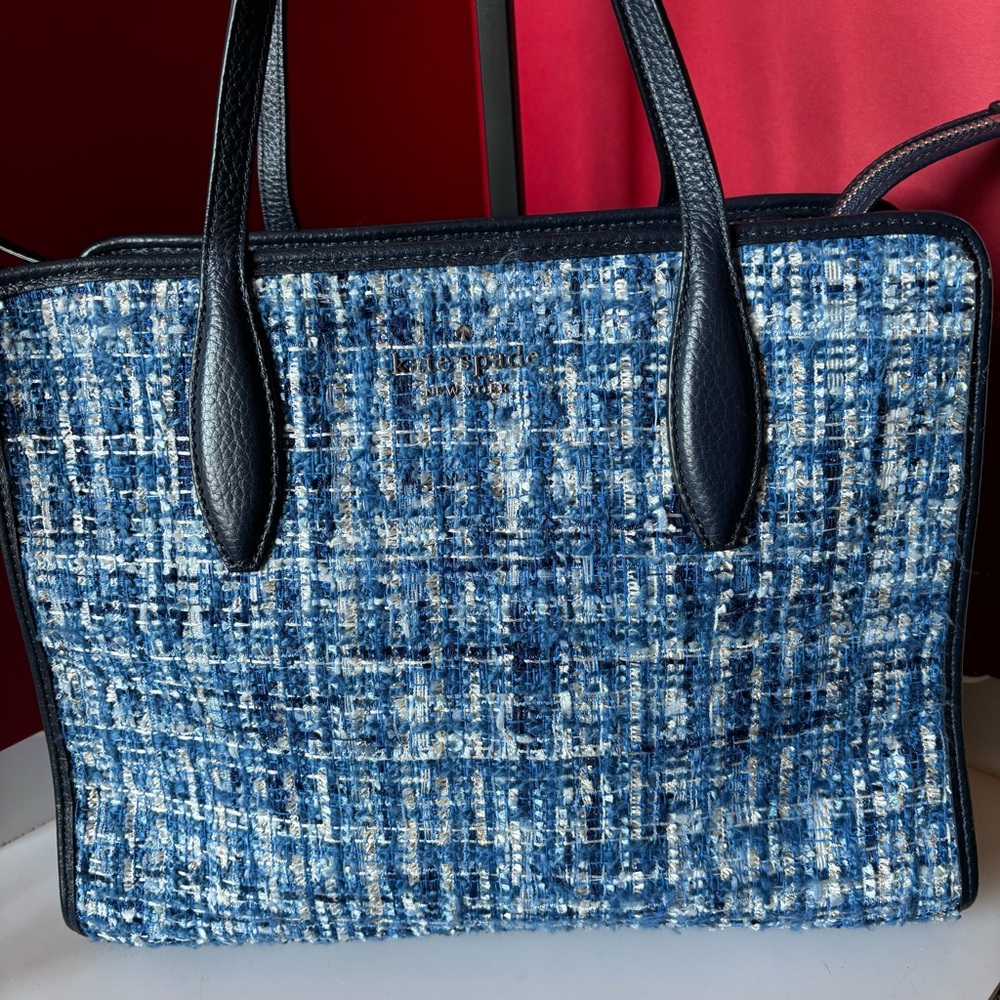 KATE SPADE Rowe Tweed Blue Small Top Zip Satchel/Crossbody Tote Bag